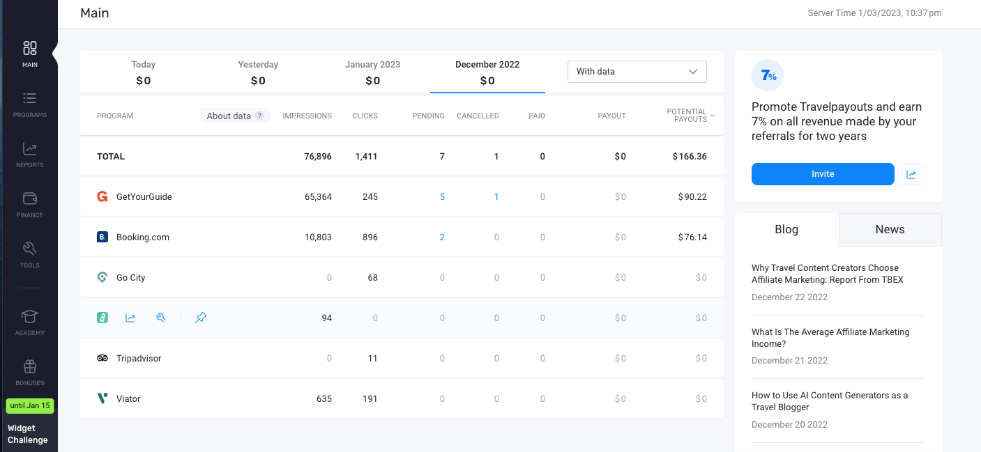 A screenshot of the Travelpayouts dashboard featuring impressions, clicks, pending payments, canceled payments, and final payments from GetYourGuide, Booking.com, GoCity, Tripadvisor, Viator, and other platforms.