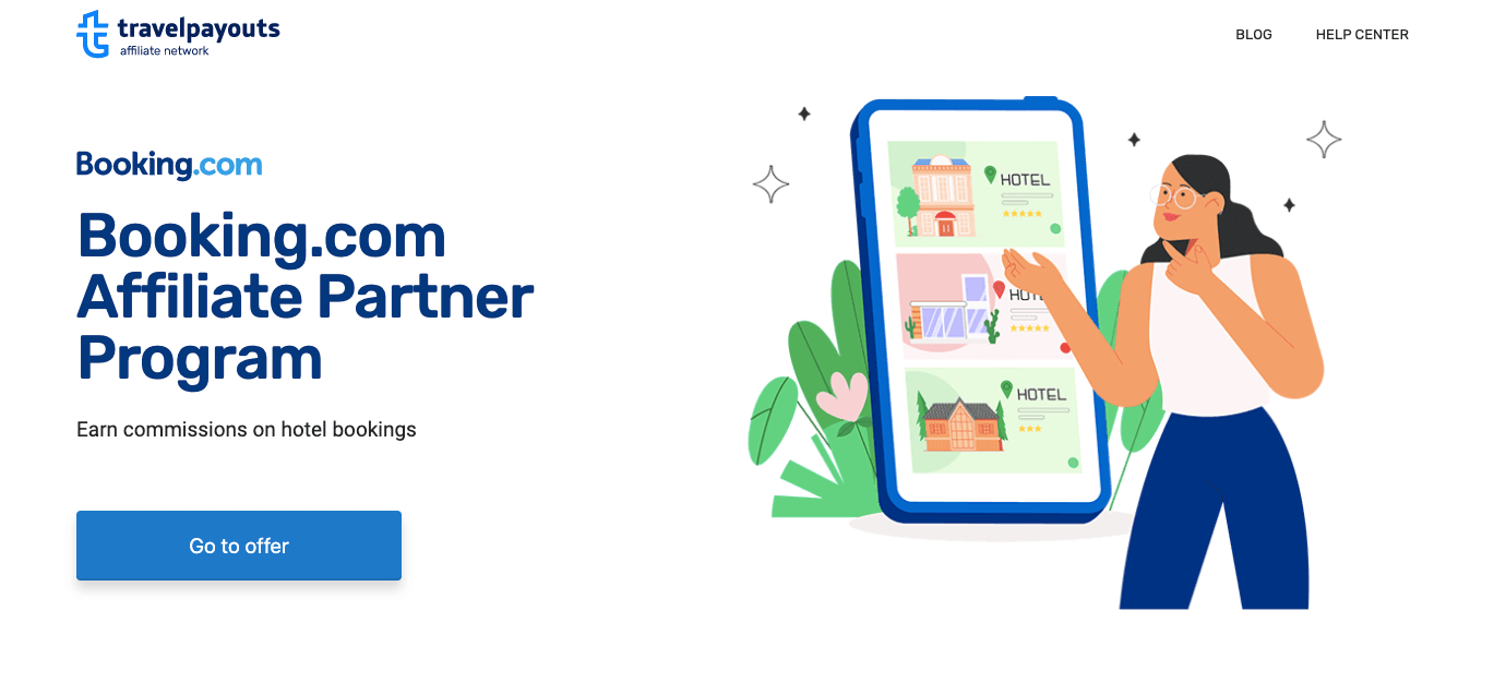 A screenshot of the Booking.com Affiliate Partner Program on Travelpayouts.