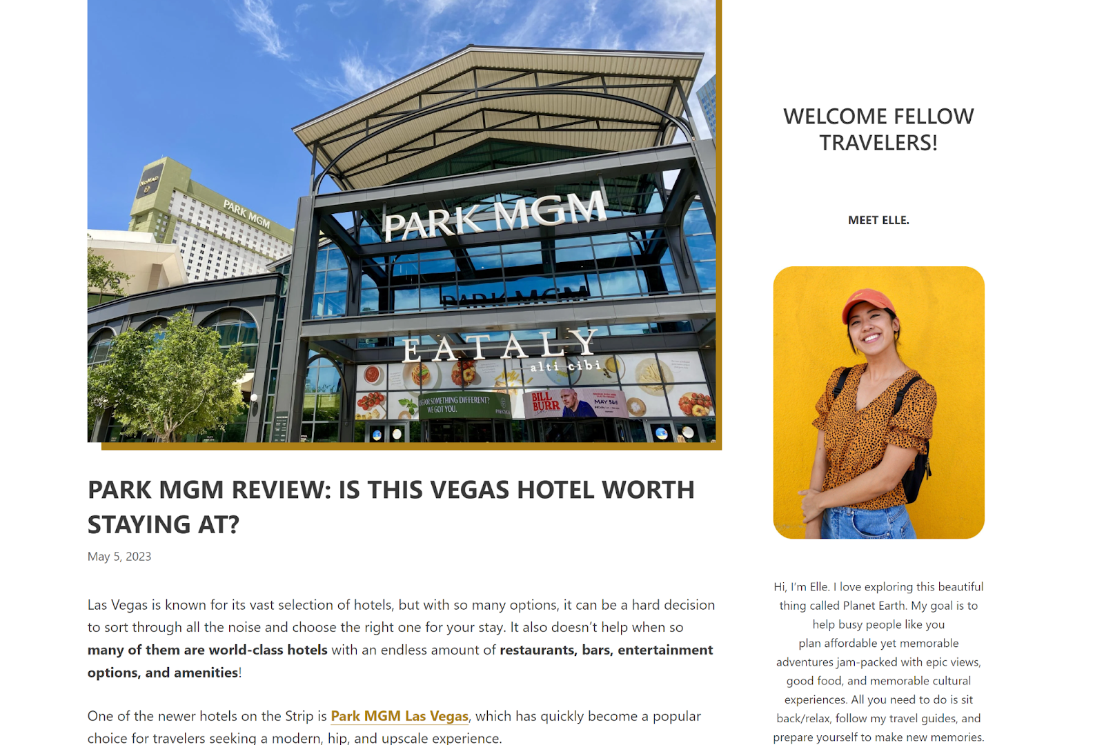 A screenshot showcasing an example of a hotel review by Travels with Elle