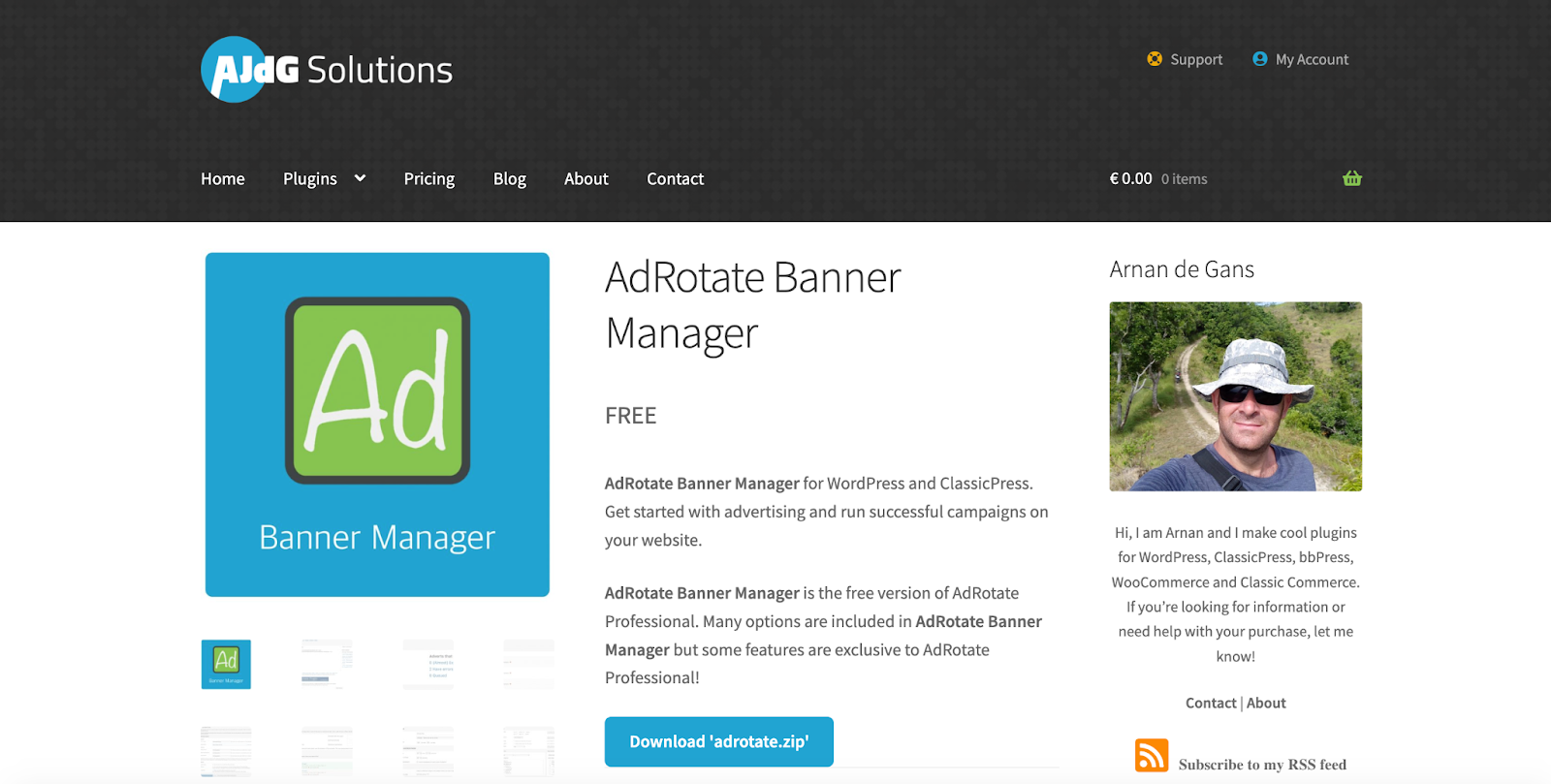 A screenshot of the AdRotate Banner Manager page featuring the product’s logo and description as well as information about the author