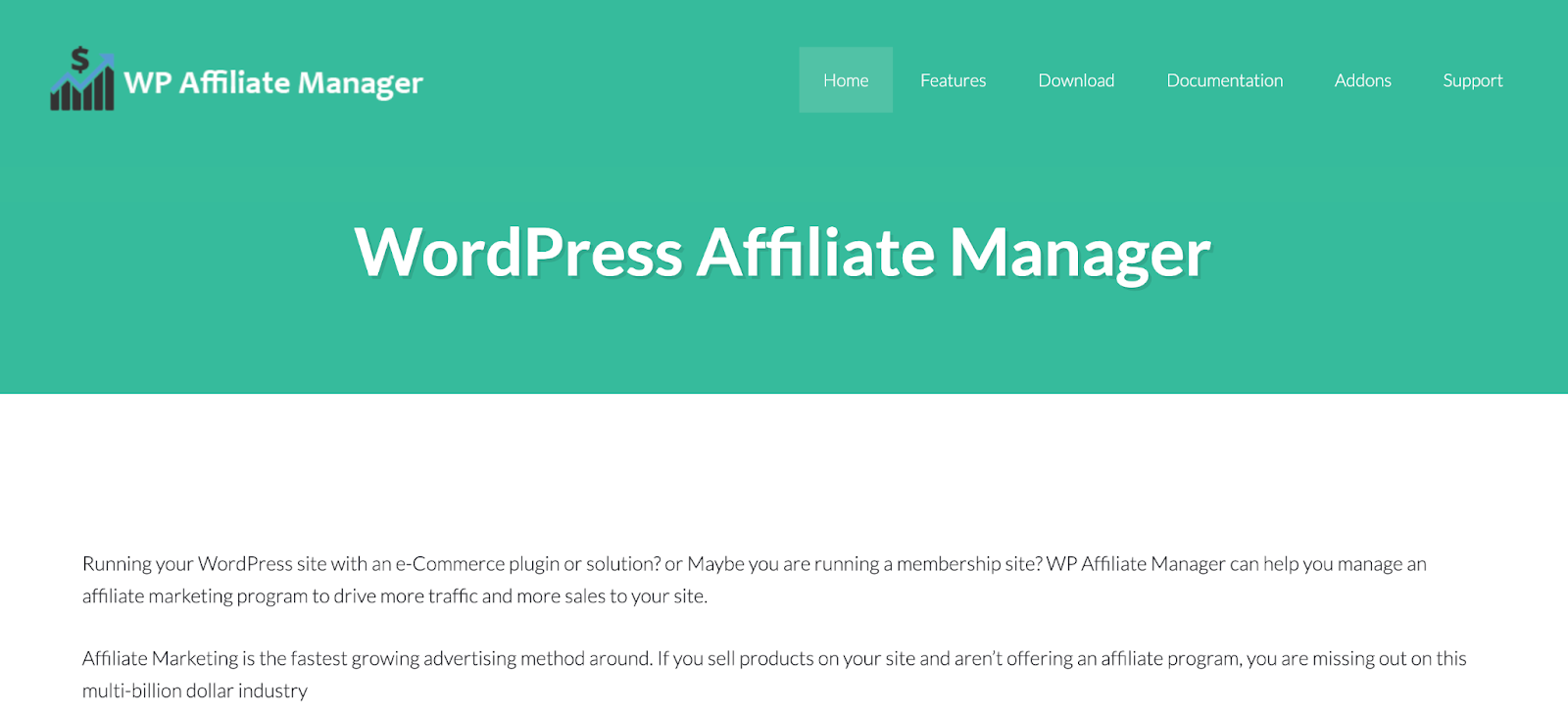 A screenshot of the WordPress Affiliate Manager homepage featuring a detailed description of the tool