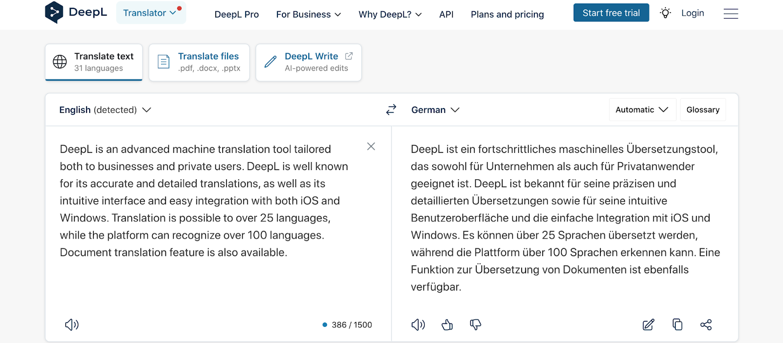 A screenshot of the DeepL Translator Interface