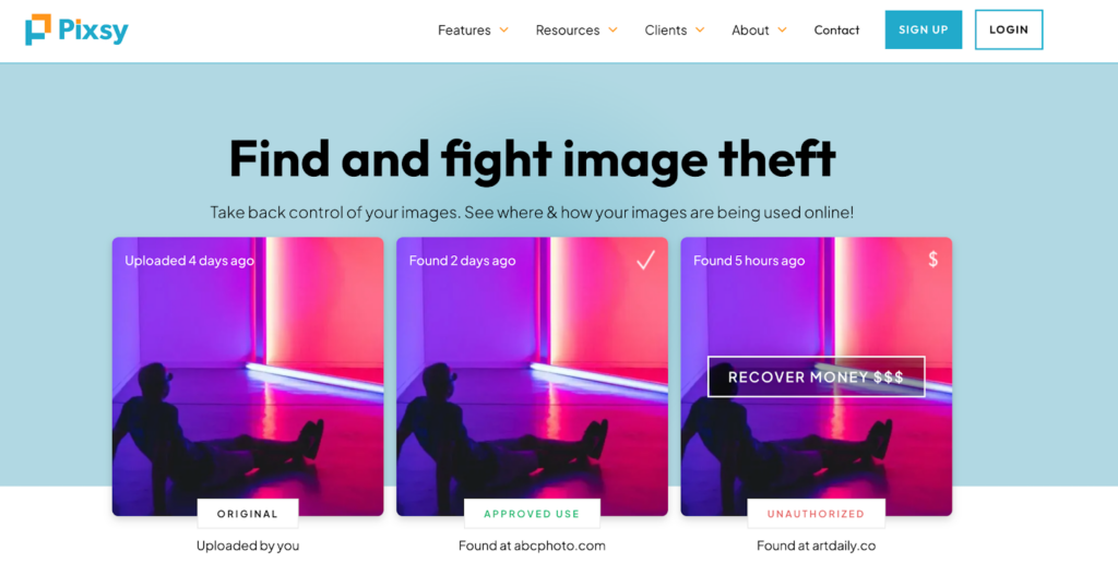 Website of Pixsey for monitoring unauthorized image use