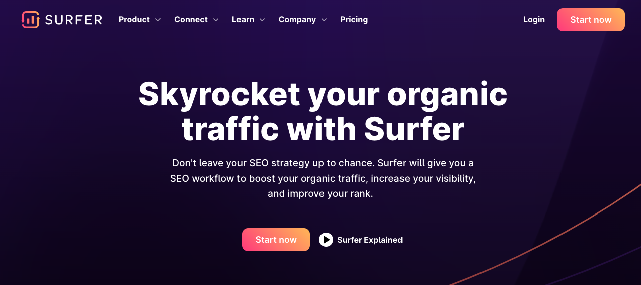 The image displays the homepage of Surfer SEO, an AI-driven tool promising to skyrocket your organic traffic. 