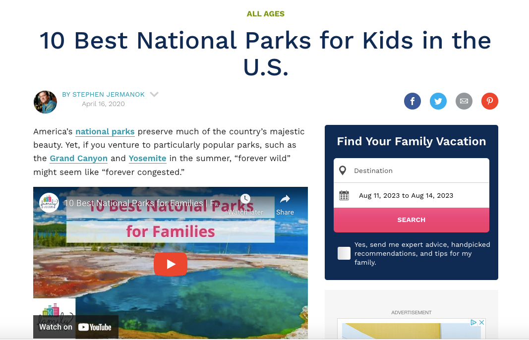 A screenshot of a blog post about the 10 Best National Parks for Kids in the U.S. by Family Vacation Critic.