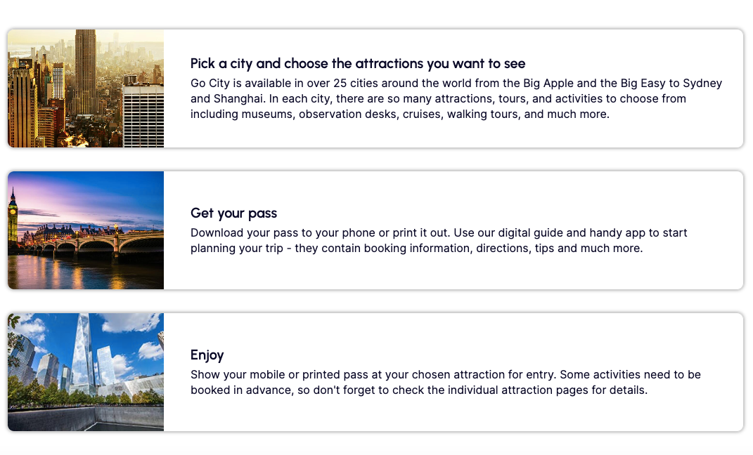 A screenshot explaining how the Go City Passes work: pick a city and choose the attractions you want to see, get your pass, and enjoy.