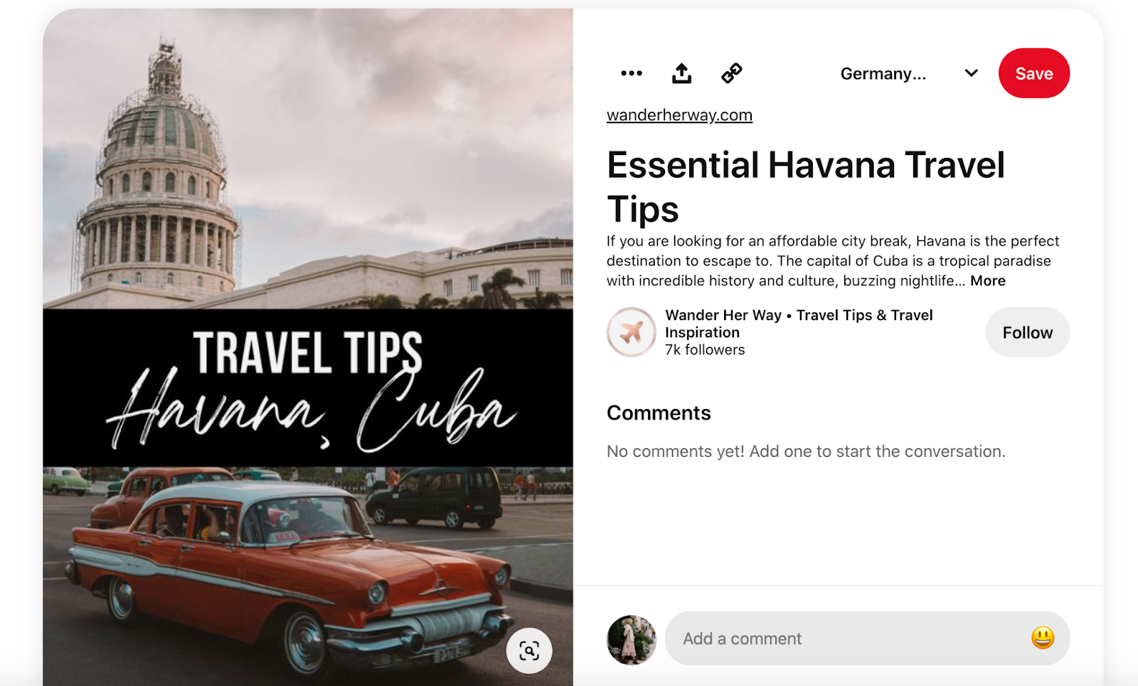 A screenshot of a pin featuring a photo of a vintage red car in Havana