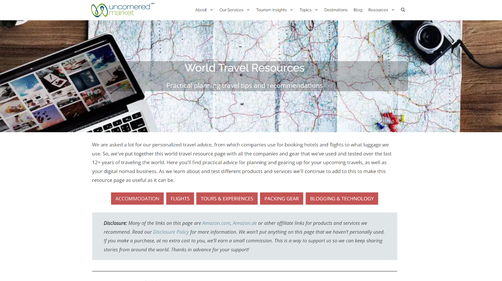 An example of the “Resources” page on the World Travel Resources website, featuring an affiliate disclaimer and affiliate links