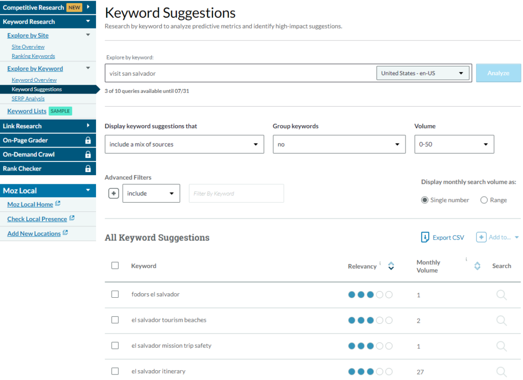 Moz Keyword Explorer website interface