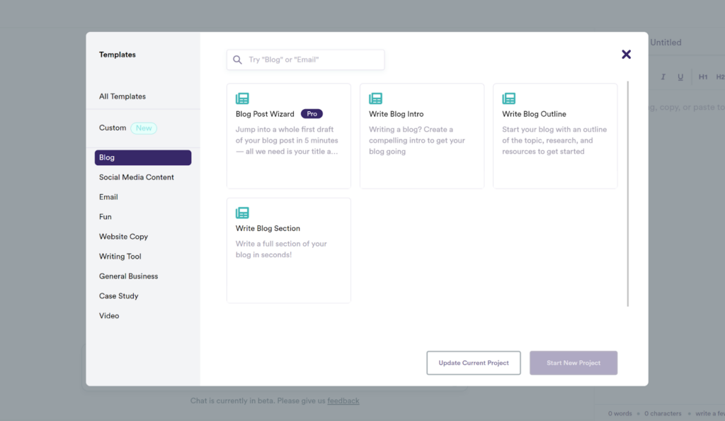 A screenshot of the Copy.ai dashboard featuring blog post templates