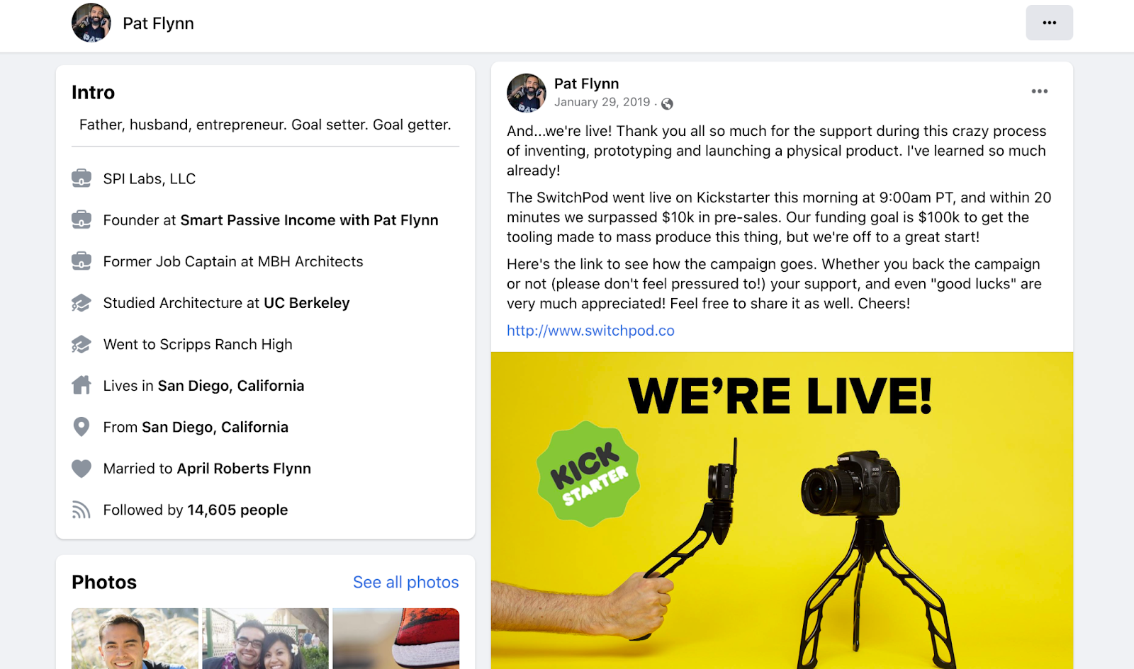 A screenshot of the Facebook page of Pat Flynn featuring a photo of a tripod with a camera attached