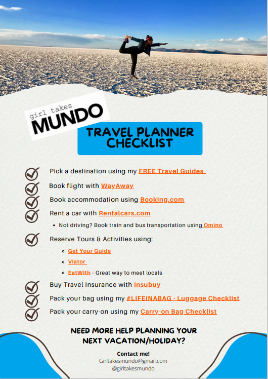 Screenshot featuring travel planner checklist with affiliate links.