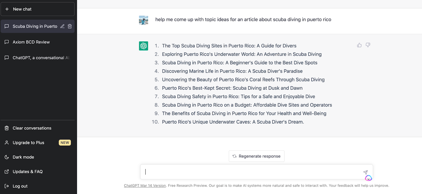 The image displays the ChatGPT interface and chatbox features. The author of this article asks the technology to generate topic ideas about scuba diving in puerto rico. ChatGPT responds with ten different topic ideas.