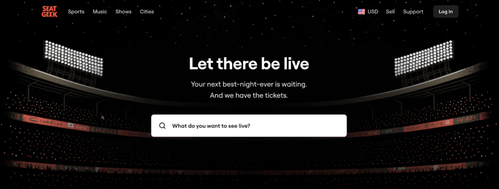 A screenshot of the SeatGeek homepage featuring a photo of a full concert hall