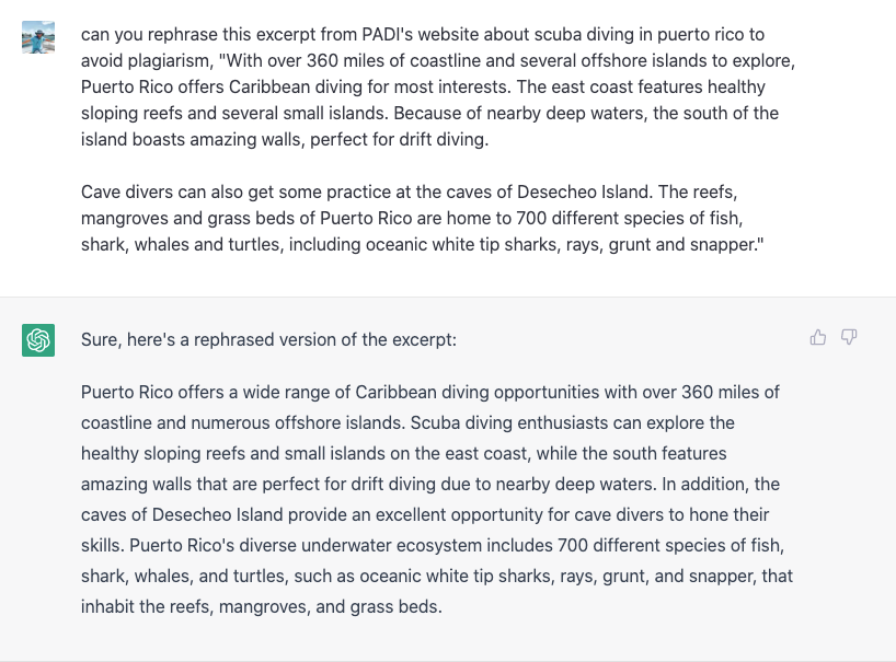 The image displays an example of ChatGPT rephrasing a body of text from PADI’s website about scuba diving in Puerto Rico. 