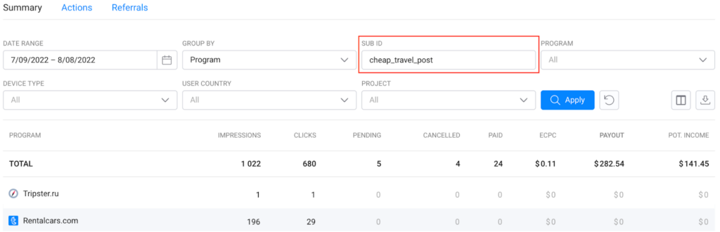 sub id in the travelpayouts' report