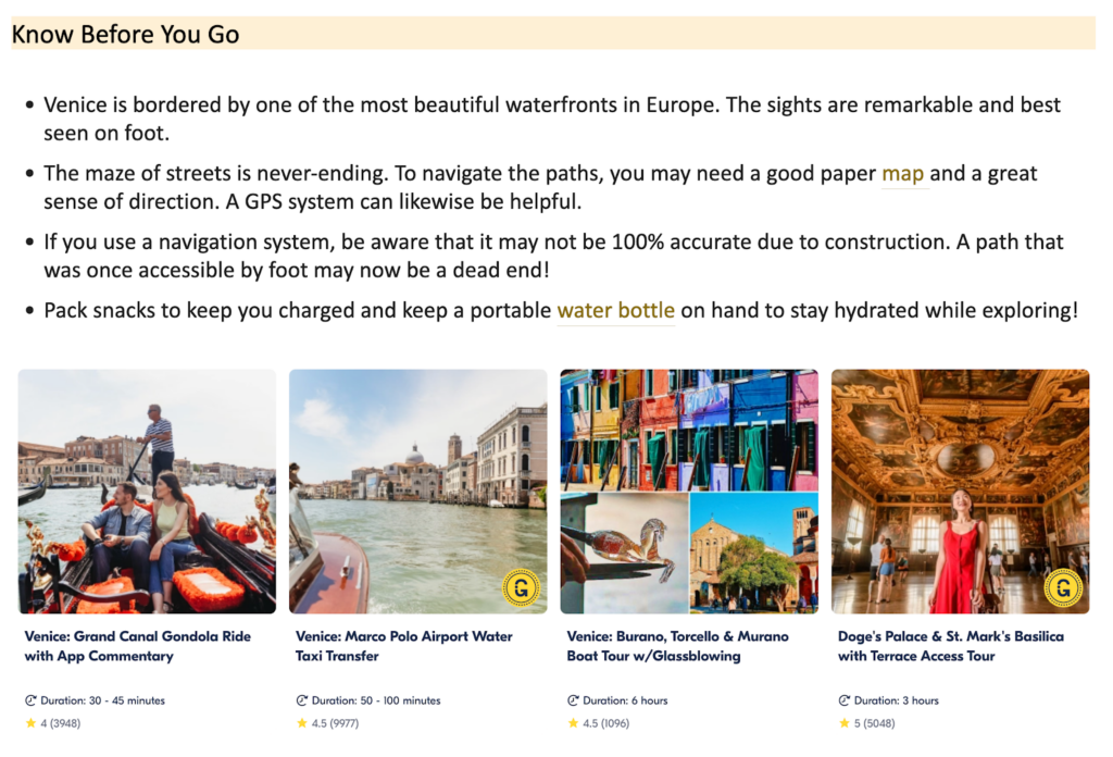 Screenshot of the GetYourGuide affiliate widget on the Travel & Treasure website, showcasing tours and activities in Venice