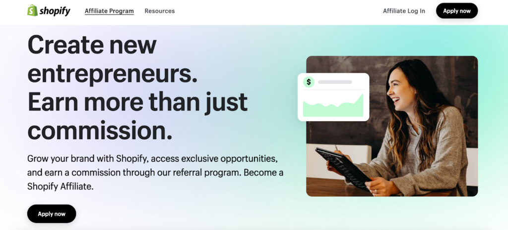 Alt text: A screenshot of the Shopify affiliate program page featuringa  photo of a woman with files
