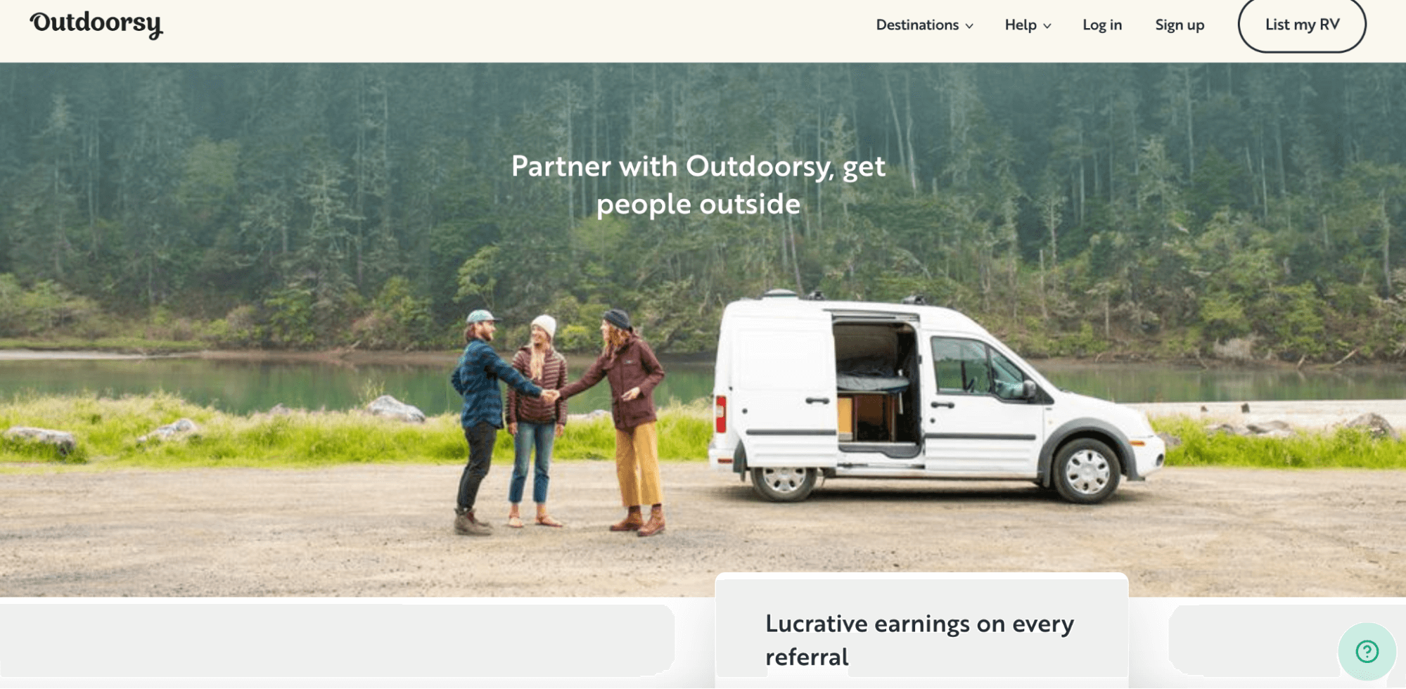 The image displays the homepage of Outdoorsy’s affiliate partnership program. The homepage shows three people in coats outside of a camper van in a forest next to a calm river. The website says, “Partner with Outdoorsy, get people outside.”