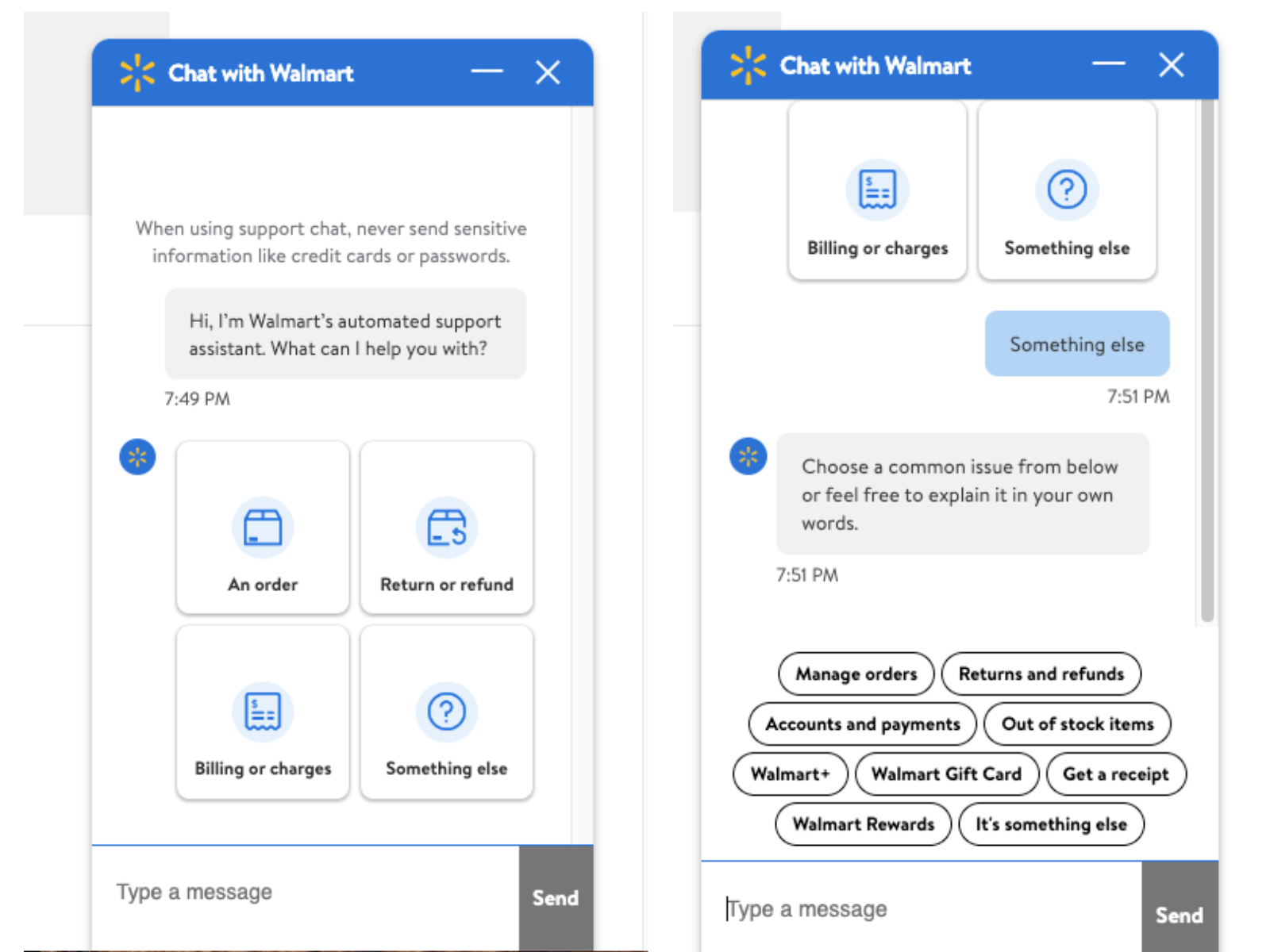 The image displays two side–by–side screenshots of Walmart’s chatbot on their website. 