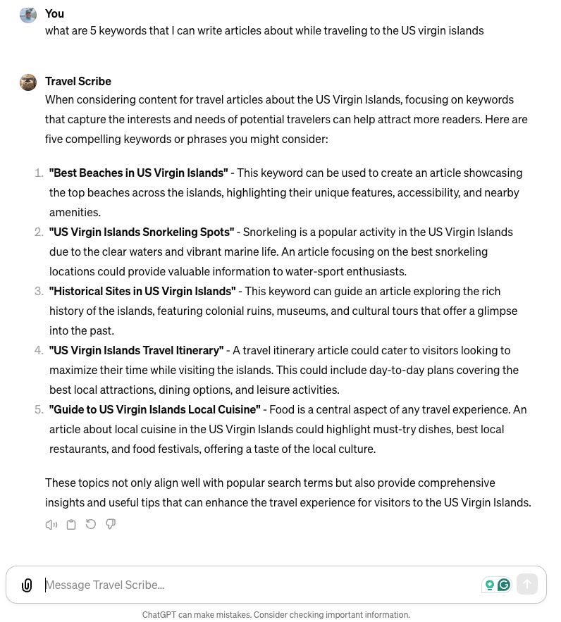 The image displays my search on ChatGPT for keyword research about traveling to the US Virgin Islands. The AI-powered system gave me five ideas for a keyword-savvy article about popular topics related to traveling to the island chain. 