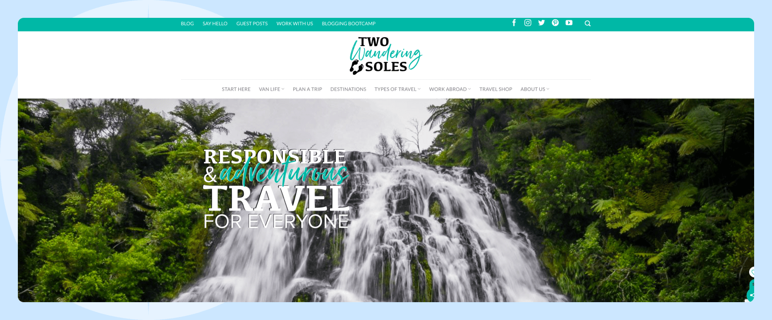 A screenshot of the Two Wandering Soles website featuring two menus, a logo, a waterfall header image, and a tagline that reads “responsible & adventurous travel for everyone” in white and teal lettering over the header image.