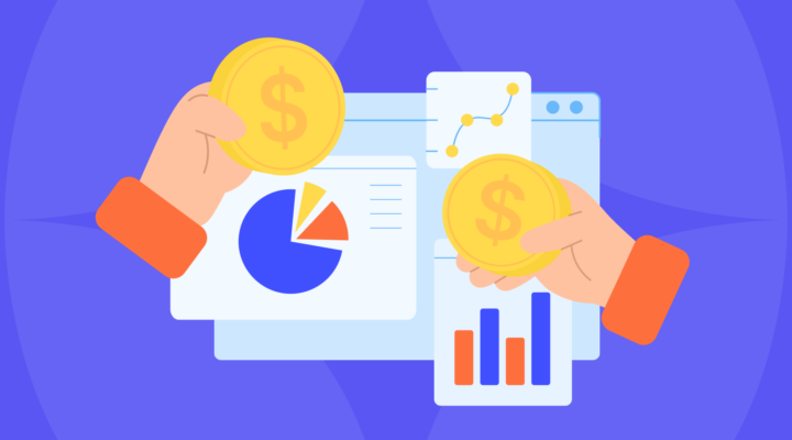 Showing statistics graphs on a purple background and hands with money