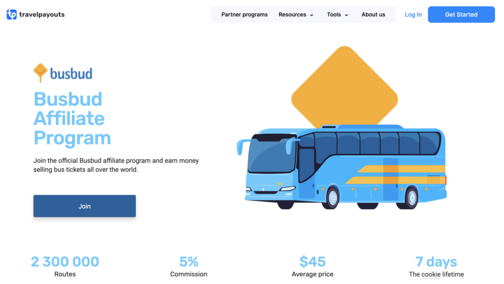 Landing page of the Busbud affiliate program with the terms of the program and a picture depicting blue bus.