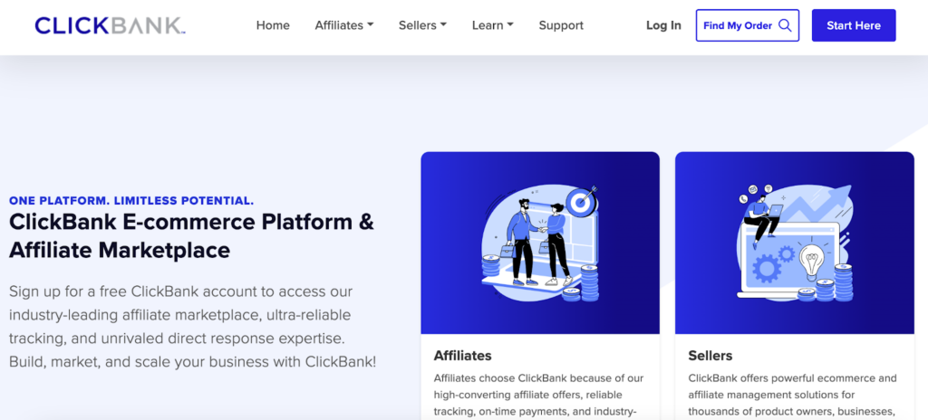 A screenshot of the homepage of the ClickBank affiliate program