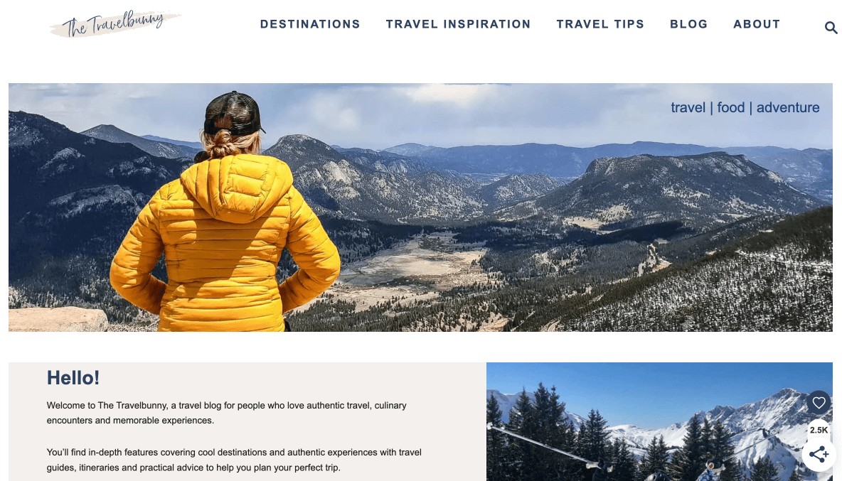 Screenshot is showing the homepage of thetravelbunny.com
